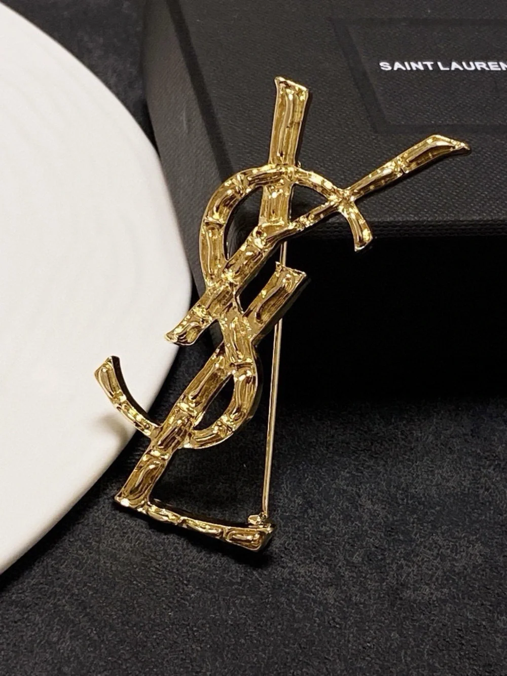 Saint Laurent Gold Textured YSL Logo Pin